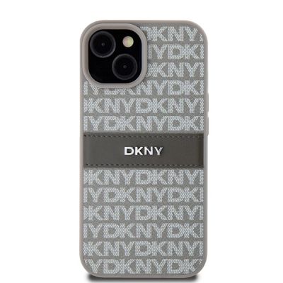 3. DKNY Lederhülle mit Monostreifen und Metalllogo für iPhone 15 Plus / 14 Plus – Beige