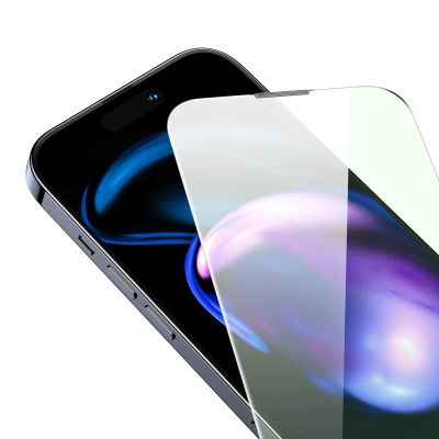 7. Baseus Vollbild-Hartglas für iPhone 14 Pro mit Anti-Blaulichtfilter und 0,3-mm-Lautsprecherabdeckung + Montagerahmen