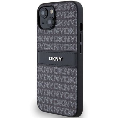 2. DKNY Leder-Monostreifen- und Metall-Logo-Hülle für iPhone 15 Plus / 14 Plus – Schwarz