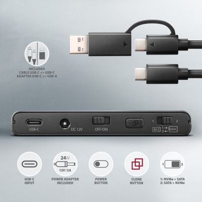 8. Axagon ADSA-CC USB-C 10 Gbit/s – NVMe M.2 SSD & SATA 2,5/3,5 SSD/HDD CLONE MASTER 2 – Digital/Daten – NVMe USB 3.2 Gen 2 (3.1 Gen 2) Typ-C Schwarz