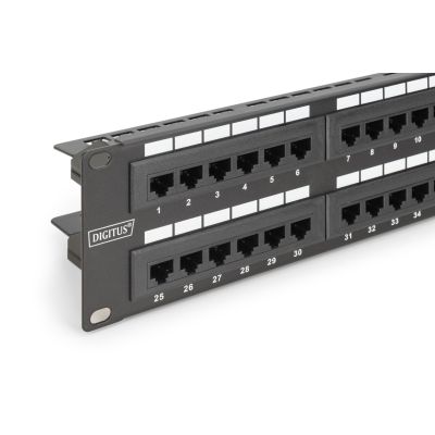 4. Digitus Patchpanel 19 Zoll, 48 RJ45-Anschlüsse, LSA vertikal, Cat. 6, ungeschirmt, 2 HE, schwarz, Kabelführung, Beschriftungsfelder