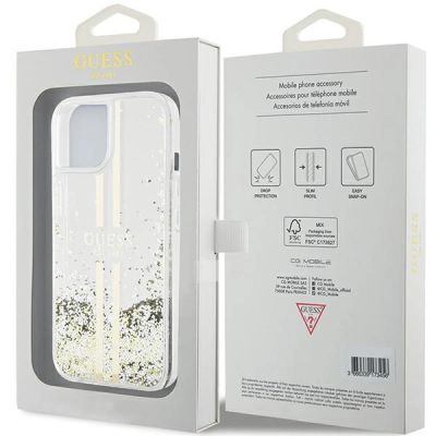 8. Guess Liquid Glitter Gold Stripes Hülle für iPhone 15 Plus / 14 Plus – transparent