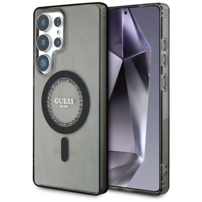 Guess Strass bedrucktes klassisches Logo MagSafe Samsung Galaxy S25 Ultra Hülle schwarz