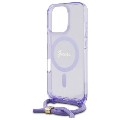 5. Guess Crossbody Cord Script MagSafe-Hülle für iPhone 16 Pro Max – Lila