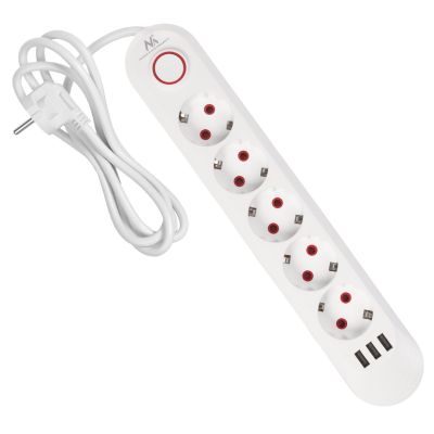 3. MACLEAN Steckdosenleiste mit 5 Steckdosen + 3 USB-Anschlüssen, 110–240 V Wechselstrom, 50/60 Hz, max. 2,1 A, 2500 W, 1,5 m, Weiß, MCE395W