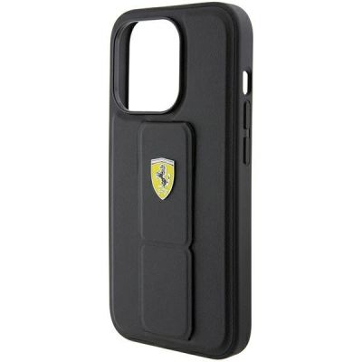 7. Ferrari Grip Stand Metall-Logo-Hülle für iPhone 15 Pro – Schwarz