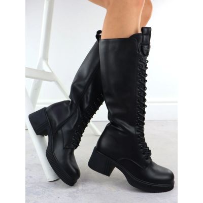 7. Damen-Lederstiefel im Offiziersstil mit Schnürung und Blockabsatz, schwarz, Vinceza 66804