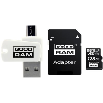 GoodRam All-in-One M1A4-1280R12 Speicherkarte mit Adapter und Kartenleser (128 GB; Klasse 10; Adapter, MicroSDHC-Kartenleser, Speicherkarte)