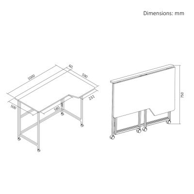 12. MACLEAN Klapptisch mit Rollen, weiß, mobil, 100 x 65 cm, max. 50 kg, abgewinkelt, Form