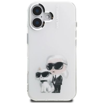 3. Karl Lagerfeld IML Aquarelle Karl & Choupette & Logo iPhone 16 Hülle - Weiß