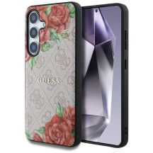 Guess Leather 4G Flowers Print Metal Classic Logo MagSafe Hülle für Samsung Galaxy S25 - Rosa