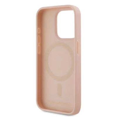 7. Karl Lagerfeld Leder-Monogramm-Metall-Logo-Hülle für iPhone 15 Pro – Rosa