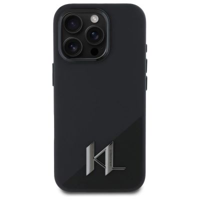 3. Karl Lagerfeld Silikon-Schutzhülle mit Shadow Metal Initialen und MagSafe-Design für iPhone 16 Pro – Schwarz