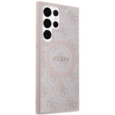 4. Guess 4G Collection MagSafe Leder-Metall-Logo-Hülle für Samsung Galaxy S24 Ultra – Pink