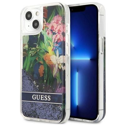 Guess GUHCP13SLFLSB iPhone 13 mini 5.4" blau/blaue Hardcase Flower Liquid Glitter