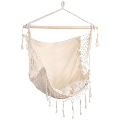 2. Brasilianischer Hängemattensessel Miami mit Fransen, 130 x 100 cm + 2 Kissen, 40 x 40 cm, Beige
