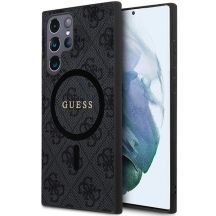 Guess 4G Collection Leder-Metall-Logo MagSafe-Hülle für Samsung Galaxy S24 Ultra – Schwarz