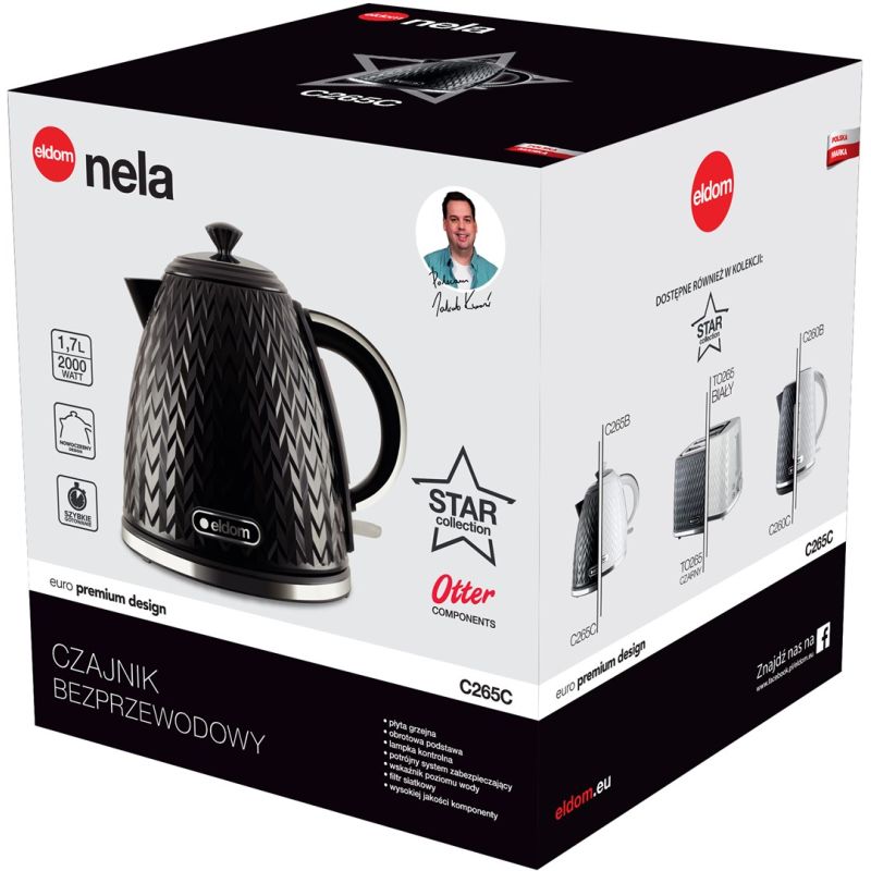 2. ELDOM NELA Wasserkocher, Fassungsvermögen 1,7 l, Leistung 2000 W, Schwarz C26