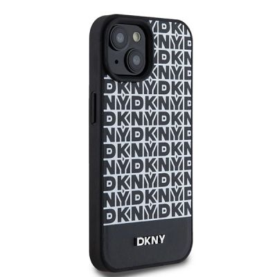 4. DKNY MagSafe Lederhülle mit bedrucktem Muster und Metalllogo für iPhone 15/14/13 – Schwarz