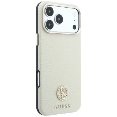 4. Guess MagSafe Hülle mit genarbtem, rundem Strass-Logo für iPhone 18 Pro Max / 17 Pro Max – Beige