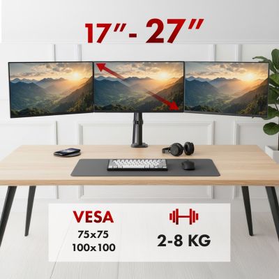 16. MACLEAN 3-Monitor-Halterung, Gasfeder, 17"-27", 2-8 kg, Schwarz MC-137