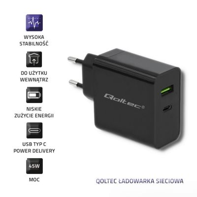 7. QOLTEC Wandladegerät 42 W | 5–20 V | 2,25–3 A | USB Typ C PD | USB | Schwarz