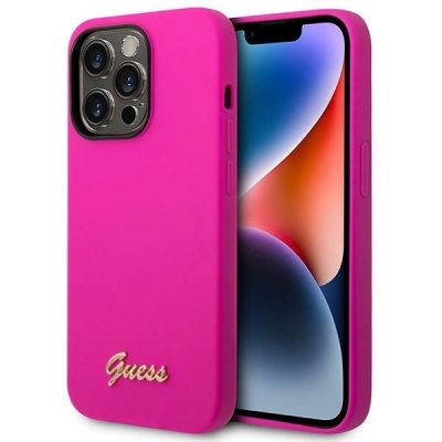 Guess Silikonhülle mit Vintage-Goldlogo für iPhone 14 Pro Max – Fuchsia
