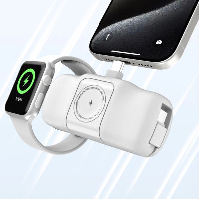 11. Wozinsky WF16-YCS 5000 mAh 15 W USB-C Mini-Powerbank mit integriertem USB-C-Kabel und Apple Watch Ladegerät – Weiß