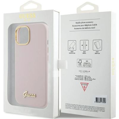 8. Guess Silikon Script Metal Logo & Frame Hülle für iPhone 15 – Rosa