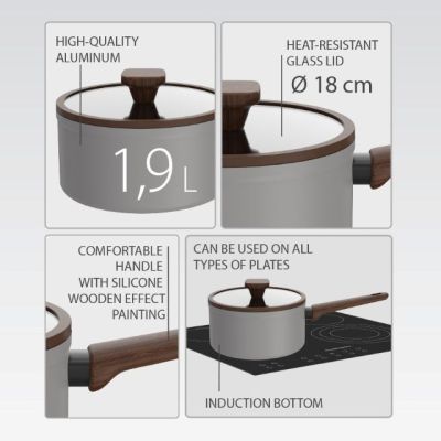 3. Stieltopf mit Deckel, 18 cm, 1,9 l, MR-1211-18S MAESTRO, grau