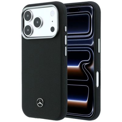 Mercedes Leder-Schutzhülle mit Grillmuster und MagSafe-Funktion für iPhone 17 Pro – Schwarz