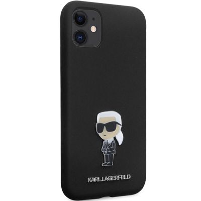 4. Karl Lagerfeld KLHCN61SMHKNPK Hülle für iPhone 11 / Xr – schwarz Silikon Ikonik Metall Pin