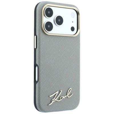 4. Karl Lagerfeld Saffiano MagSafe Hülle mit kleinem Schriftzug und Metalllogo für iPhone 17 Pro Max / 18 Pro Max – Beige