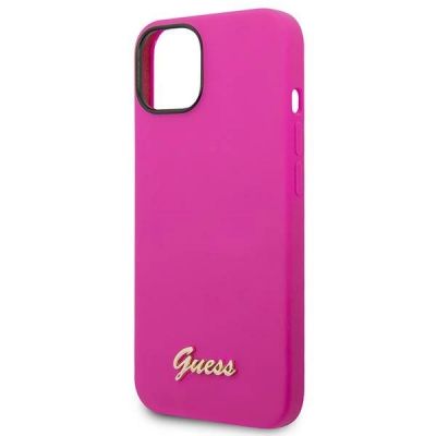 6. Guess Silikonhülle mit Vintage-Goldlogo für iPhone 14 / 15 Plus – Fuchsia