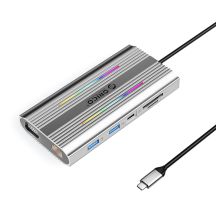 Orico XCR 12-in-1 RGB USB-C Dockingstation mit 3x USB-A, USB-C PD, 100W HDMI, 4K VGA, RJ45, Gigabit-SD- und microSD-Kartenleser – Silber
