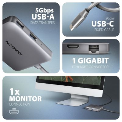 3. Axagon N HMC-5HL USB-5-Gbit/s-Hub, 2x USB-A, HDMI 4K/60 Hz, RJ-45 GLAN, PD 100 W, USB-C-Kabel, kabelgebunden, USB 3.2 Gen 1 (3.1 Gen 1) Type-C, Silber