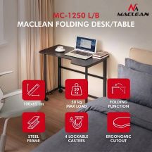 MACLEAN Klappschreibtisch mit Rollen, schwarz, mobil, 100 x 65 cm, max. 50 kg, abgewinkelt, L-förmig, MC