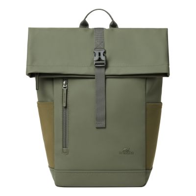 Rivacase Eden Rucksack Reiserucksack Olivgrünes gewachstes Leder (Pull-Up), Polyester, recyceltes Polyethylenterephthalat (rPET)