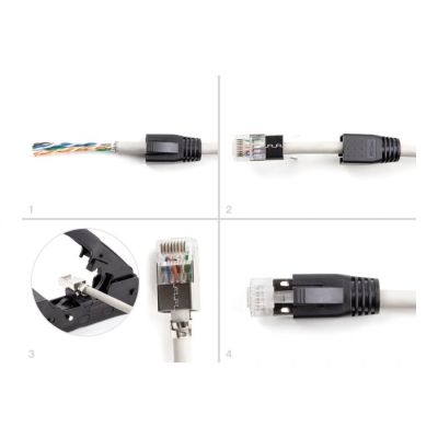 4. DeLOCK RJ45-Modularstecker mit Zugentlastung, Cat.6A-, Cat.7- und Knickschutzkappen, 25er-Set