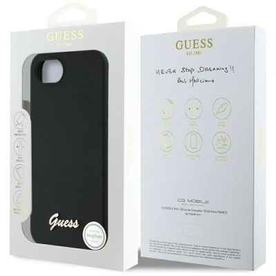 8. Guess Silikon Script Metal Logo MagSafe iPhone 16e Hülle - Schwarz