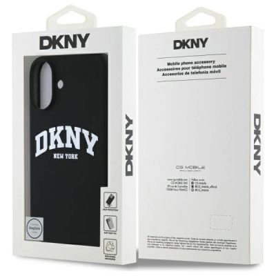8. DKNY Silikon-MagSafe-Hülle mit weißem bedrucktem Logo für iPhone 16 – Schwarz