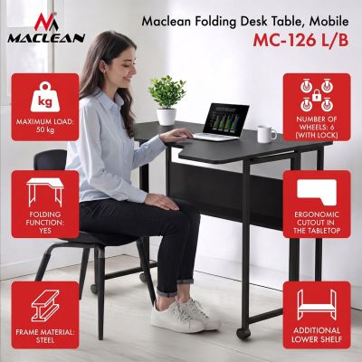 3. Klappbarer Schreibtisch/Tisch von MACLEAN, schwarz, mobil, 100 x 73 cm, max. 50 kg, abgewinkelt, L-förmig, MC-126 L/B