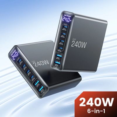 5. Tech-Protect DC240W-GaN Ladestation mit 6 Anschlüssen (4 x USB-C, 2 x USB-A), 240 W, QC3.0 – Schwarz