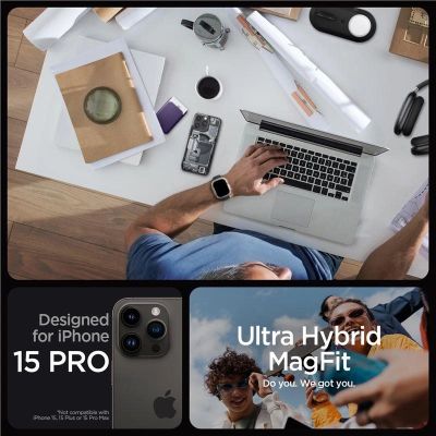 8. Spigen Ultra Hybrid Mag Case mit MagSafe für iPhone 15 Pro – Dunkelgrau (Zero One Pattern)