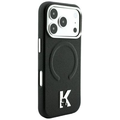 4. Karl Lagerfeld MagSafe Hülle mit geprägtem Ringmuster und Kameo-Logo für iPhone 18 Pro / 17 Pro – Schwarz