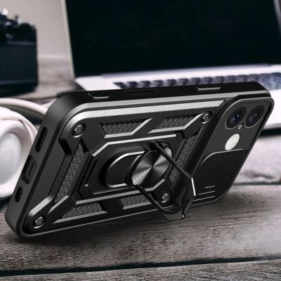 6. Hybrid Armor Camshield iPhone 16 Plus Panzerhülle mit Kameraabdeckung und Ständer – Schwarz