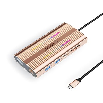 Orico XDR 12-in-1 RGB USB-C Dockingstation mit USB-A, USB-C, 2x HDMI 4K 60 Hz, DisplayPort 4K 60 Hz, RJ45, Gigabit PD 100 W und SD- und microSD-Kartenleser – Roségold