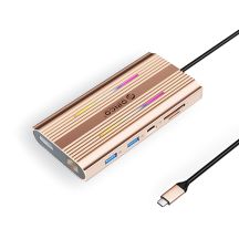 Orico XDR 12-in-1 RGB USB-C Dockingstation mit USB-A, USB-C, 2x HDMI 4K 60 Hz, DisplayPort 4K 60 Hz, RJ45, Gigabit PD 100 W und SD- und microSD-Kartenleser – Roségold