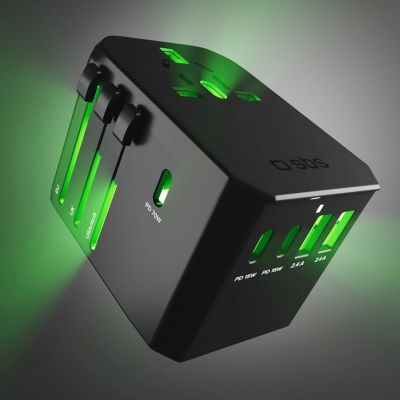 8. SBS Universal-GaN-Reiseadapter 70 W, 3x USB-C, 2x USB-A mit Tasche – Schwarz