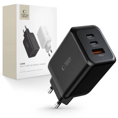 Tech-Protect C65W Netzwerkladegerät 2x USB-C PD 65W / USB-A QC 3.0 - Schwarz